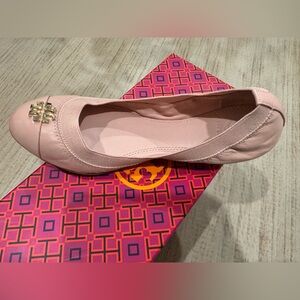 Tory Burch Blush Pink Leather Logo Ballet Flat